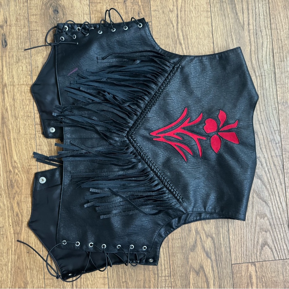 Urban Outfitters Modern Vegan Leather Fringe Biker / Western Cowgirl Floral Vest - Picture 2 of 4